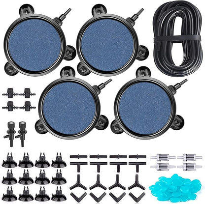 101 PCS 4 Inch Air Stone Disc Bubble Diffuser with Sucker, 52 ft Silicone Airline Tubing with Air Pump Accessories, 4 Control Valve,4 Check Valves, 12 Suction Cups for Hydroponics Aquarium Fish Tank