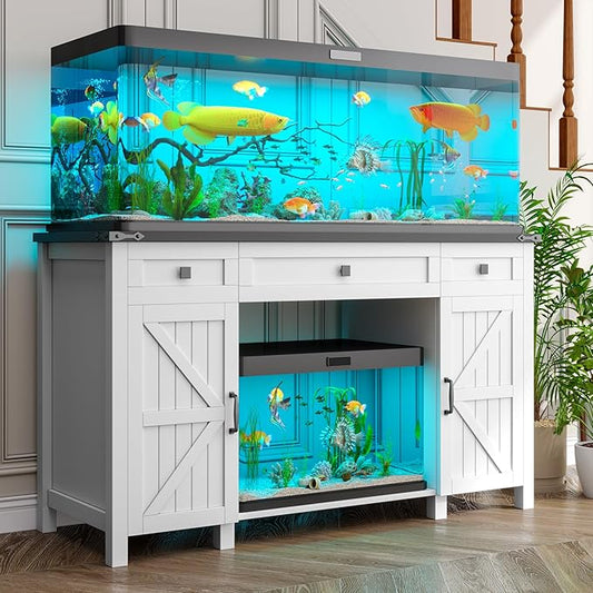Farmhouse 55-75 Gallon Fish Tank Stand with Power Outlet, Aquarium Stand with 2 Drawers and Adjustable Shelves, Heavy Duty Reptile Tank Stand for 2 Fish Tank/Turtle Tank/Reptile Terrarium