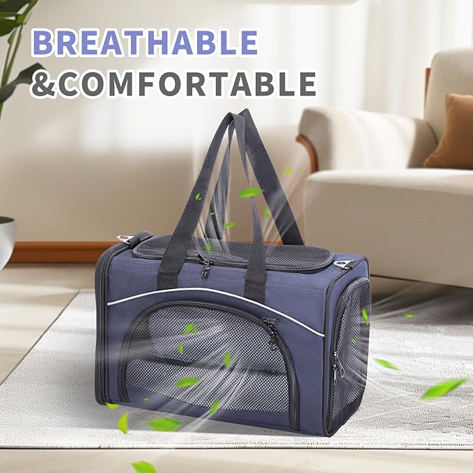 ‌Petsfit Airline Approved Pet Carrier for Small Cats, 15x8x10 TSA Approved Carrier, with Removable Dual-Sided Padding (2-Way Placement) - Fits Under Most Airplane Seats, Escape Proof (Navy)