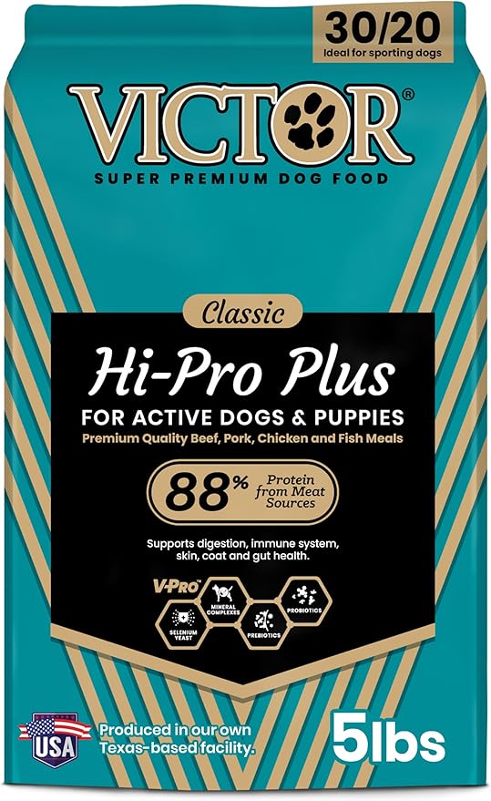 VICTOR Super Premium Dog Food – Hi-Pro Plus Dry Kibble – High Protein Dog Food with 30% Protein – Beef, Chicken, Pork, Fish Meals, Gluten Free - for High Energy and Active Dogs & Puppies, 5lbs