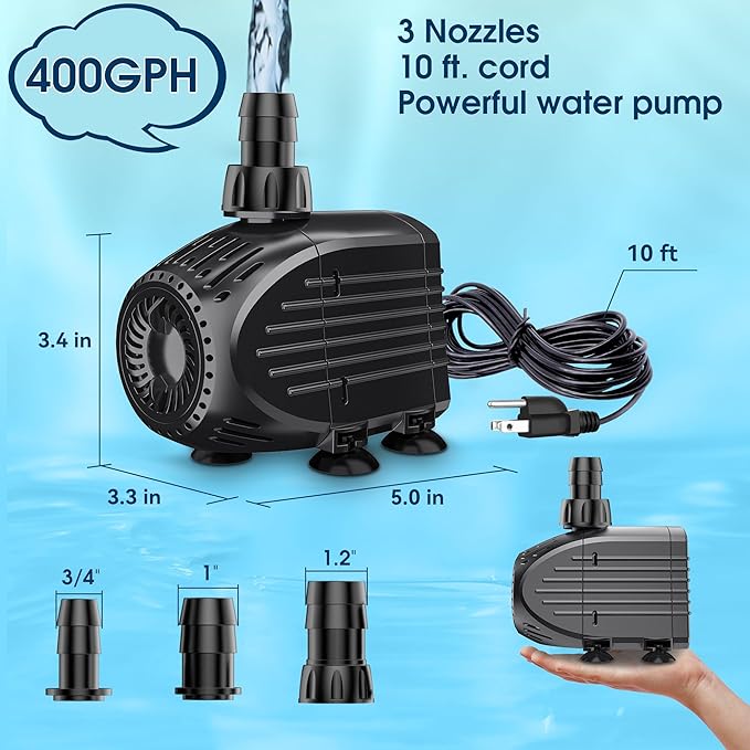 NFESOLAR Submersible Pump, 400GPH Ultra Quiet Submersible Water Pump with Dry Burning Protection 8ft High Lift for Fountains, Hydroponics, Ponds, Aquariums & More KF205