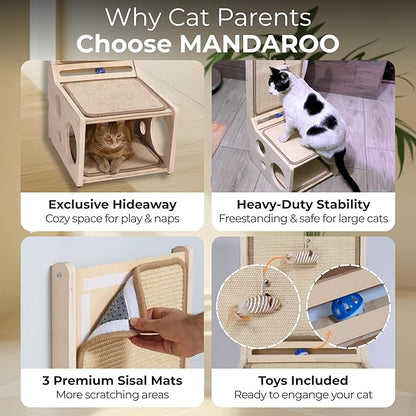 Big Cat Scratchers for Indoor Cats – L-Shaped Sisal Scratcher Pad & Cozy Scratching Post with Toy | Vertical & Horizontal Scratching Ramp for Large Cats – MANDAROO