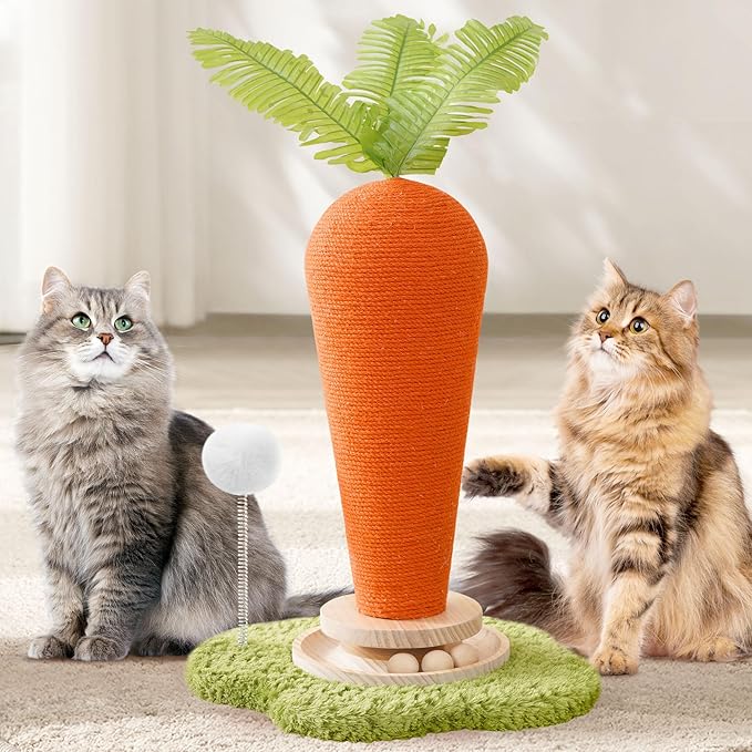 Cute Cat Scratching Post, Carrot Cat Scratcher Post with Durable Natural Wooden Turntable Toy and Catnip, 24'‘ H Carrot Shape Design Sisal Cat Tree Sisal Scratcher for Indoor Cats (Cloud Base)