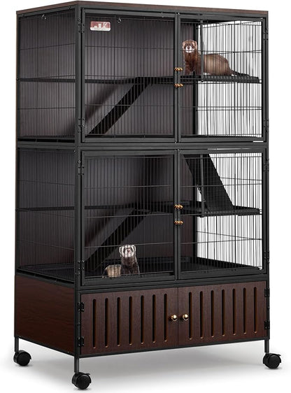 HABUTWAY 60''H Metal Large Ferret Cage, Rolling Chinchilla Cage with Removable Ramps& Double Door, Critter Nation with Locker, Small Animal Cage, Rat Indoor Wooden Pet Crate Furniture