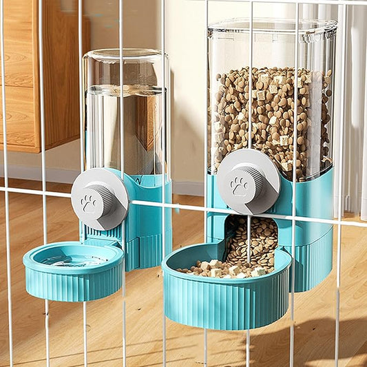 Hanging Cage Automatic Food Water Dispenser, Auto Gravity 1.2L Self-Feeding Feeder and 0.52L Waterer Set, Crate Auto Feeder Dish for Puppy Cats Ferret Bunny Guinea Pig Small Pets (Blue)