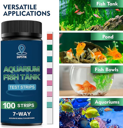 Aquarium Test Strips, 7-Way Freshwater Saltwater Fish Tank Pond Test Kit, 100 Strips, Nitrate, Nitrite, Chlorine, Hardness, Alkalinity, Carbonate, pH