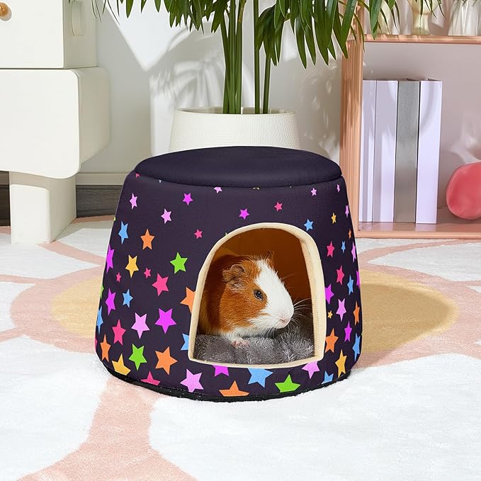 Glittme Guinea Pig Hideout,2 in 1 Guinea Pig Bed with Removable Pad, Washable Bunny Bed,Rabbit,Stars