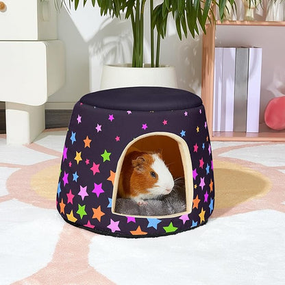 Glittme Guinea Pig Hideout,2 in 1 Guinea Pig Bed with Removable Pad, Washable Bunny Bed,Rabbit,Stars
