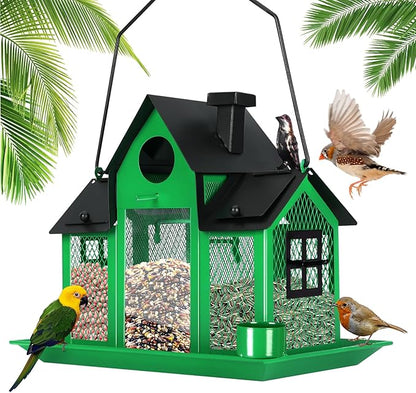 Solar Bird Feeders House for Outside Hanging, Metal Wild Bird Feeder for Outdoors Large Capacity Cardinal Birdfeeder Birdhouses Metal Bird Feeding Station Green