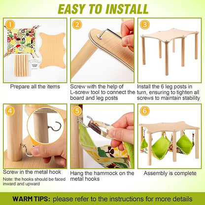 Guinea Pigs Hammock with Natural Wooden Stand- Large Hanging Hammock Bed for Piggies Chinchilla Hamster Bunny Ferrets Hiding Sleeping