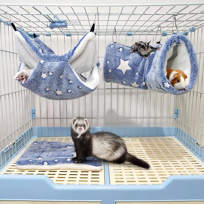 LEFTSTARER Noctilucent Luminous Guinea Pig Rat Hammock Bunkbed Hanging Tunnel and Soft Bed Mat for Ferret Hedgehog Squirrel Hideout Cage Accessories (6.Bunkbed Hammock Cloud&Star)