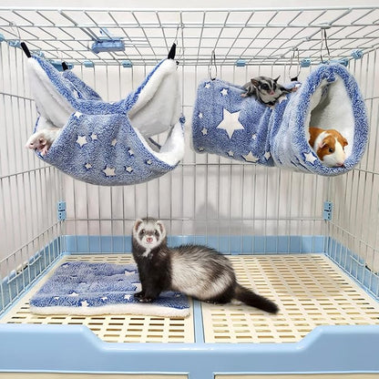 LEFTSTARER Noctilucent Luminous Guinea Pig Rat Hammock Bunkbed Hanging Tunnel and Soft Bed Mat for Ferret Hedgehog Squirrel Hideout Cage Accessories (6.Bunkbed Hammock Cloud&Star)
