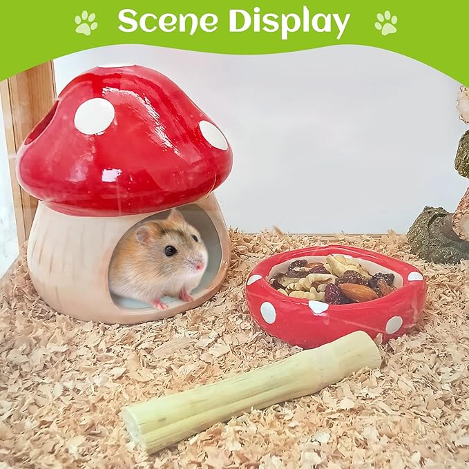 BNOSDM Ceramic Hamster Hideout and Food Bowl Set Cute Mushroom Shape Hamster House and Habitat Cool Hamsters Hide Suitable for Syrian, Mice, Dwarf Hamsters, Gerbils (Red)