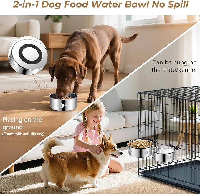 2-in-1 Dog Crate Water Food Bowl No Spill,2 Pack Hanging Dog Bowls for Kennel,Dogs Crate Water Feeder Dish,Stainless Steel Kennel Dogs Bowls Mountable with Non-Slip Bottom for Cats Bunny Ferret Bird