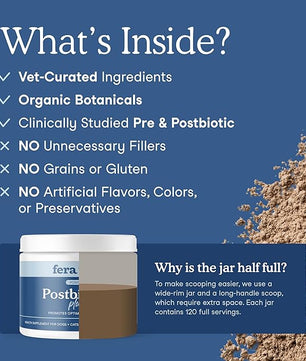 Fera Pets Postbiotics Plus Prebiotics for Dogs & Cats - with Slippery Elm - Promotes Optimal Digestive Health & Inflammatory Response - Enhances Immunity - 120 Scoops