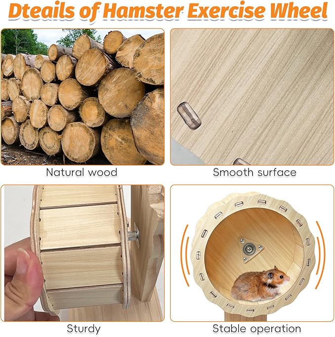 kathson Wooden Hamster Exercise Wheel 6.3 in Silent Spinning Running Wheels with Stand for Hamsters, Gerbils, Mice and Other Small Pets