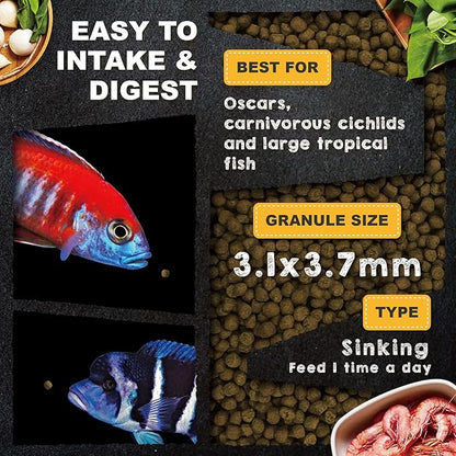 Ultra Fresh Cichlid Sinking Fish Food, Wild Sword Prawns, All Natural Ingredients, Carnivore Pellets for Large Cichlid and Tropical Fish, Royal Cichlid Premium Pellet 4.58 oz