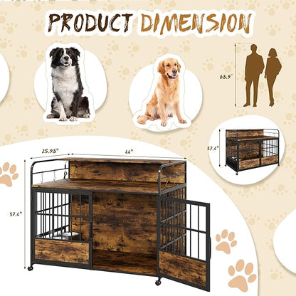 WARCAT Large Furniture Dog Crate, Heavy Duty Dog Crate, Dog Kennel Indoor, Wood Dog Cage Table with Adjustable Lighting Color, Sturdy Metal, 44" L×26" W×37" H, Brown