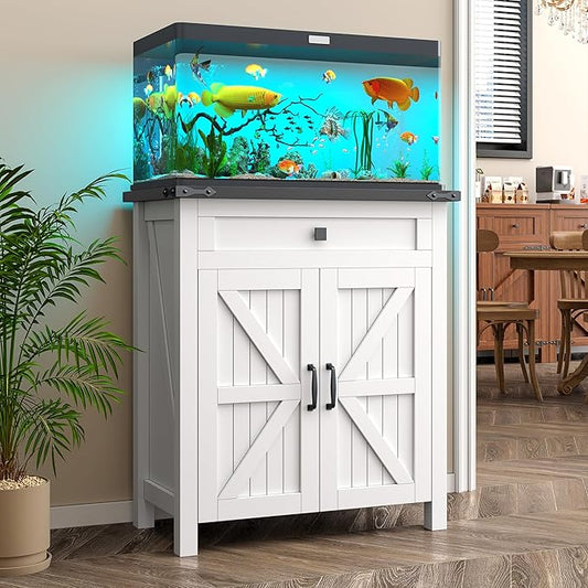 20 Gallon Fish Tank Stand with Power Outlets, Farmhouse Decorative Aquarium Stand Furniture with Adjustable Shelves, 10-20 Gallon Reptile Turtle Tank Stand with Cabinet Storage (White, 20GL)