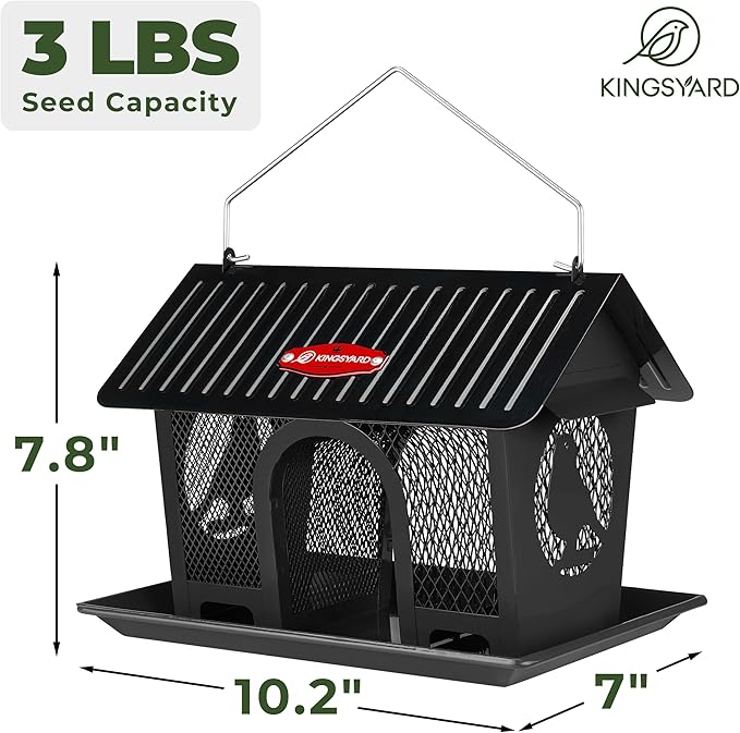 Kingsyard Metal Bird Feeders for Outdoors Hanging, Wild Bird Feeder with Seed Tray and Weatherproof Roof, 3 lbs Seed Capacity, Black