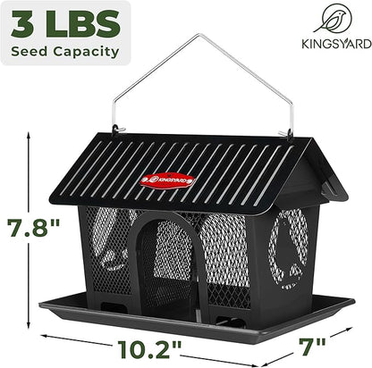 Kingsyard Metal Bird Feeders for Outdoors Hanging, Wild Bird Feeder with Seed Tray and Weatherproof Roof, 3 lbs Seed Capacity, Black