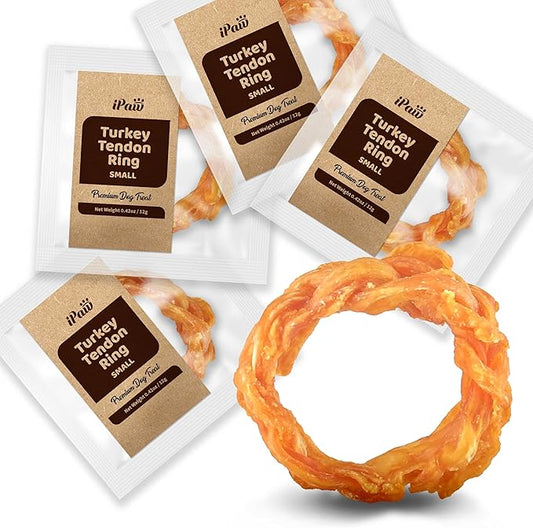 iPaw Turkey Tendons for Dogs, 100% Turkey and US Sourced Raw Material, Hypoallergenic, All Natural Human Grade Puppy Chew, Rawhide Alternative Dog Treats, 4 Units/Pack Ring (Small)
