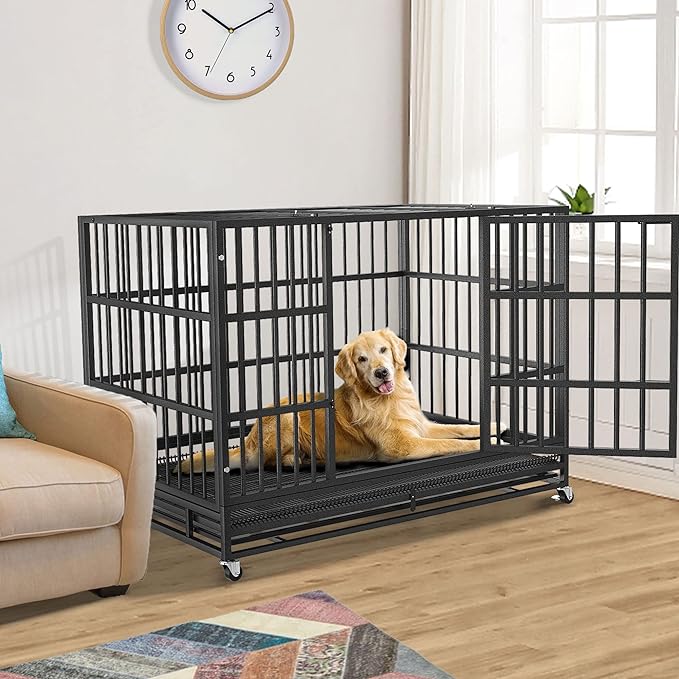 54/48/42/38 inch Heavy Duty Indestructible and Escape-Proof Dog Crate Cage Kennel for Large Dogs, High Anxiety Dog Crate with Removable Wire Trays and Wheels, Extra Large XL XXL