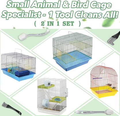 2 Pcs Bird Cage Cleaner Brush & Scoop with Long Handle and Curved Brush Head, 2-in-1 Bird Cage Cleaner with Front and Back Brushes for Kennel, and Parrot Perch Cleaning