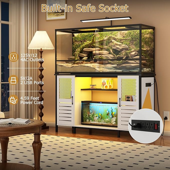 BREEZEHEAT 55-75 Gallon Fish Tank Stand with Power Outlets, LED Light, Adjustable Shelves, Heavy Duty Aquarium Stand with Cabinet, Terrarium stand Suitable for Turtle & Reptile Tank, 1250LBS, White