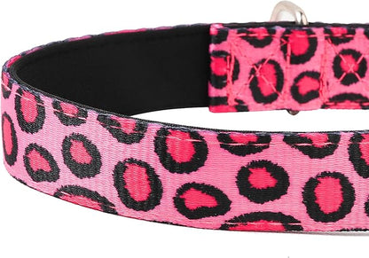 Reflective Dog Collar, Adjustable Soft Neoprene Padded Nylon Pet Collars with Buckle for Puppy and Small Dogs, Cats, Leopard Pink,M