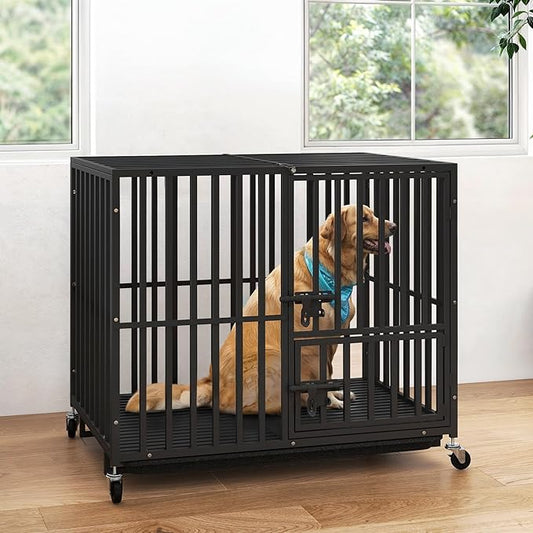 DWVO Heavy Duty Dog Crate, 38 Inch Escape-Proof Dog Cage Indoor Kennel for Medium Small Dogs with Lockable Wheels, 3-Door Design, High Anxiety Dogs Crate with Removable Trays
