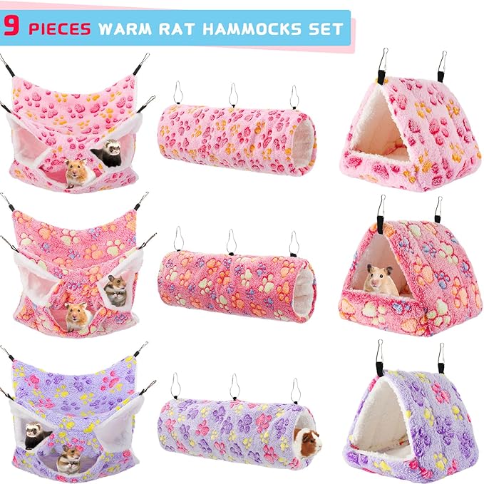 Abbylike 9 Pieces Rat Hammock 3 Tier Guinea Pig Ferret Hammocks Small Pet Hanging Tunnel Glider Toy Guinea Pig Ferret Hideout Bed Cage Accessories for Hamster(Purple, Pink, Rose Red,Paw)