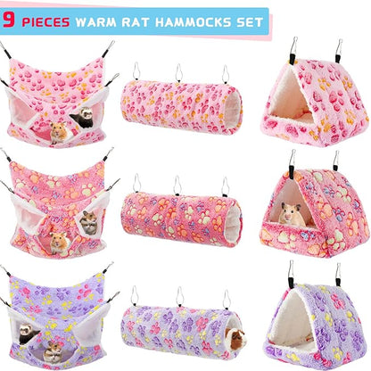 Abbylike 9 Pieces Rat Hammock 3 Tier Guinea Pig Ferret Hammocks Small Pet Hanging Tunnel Glider Toy Guinea Pig Ferret Hideout Bed Cage Accessories for Hamster(Purple, Pink, Rose Red,Paw)