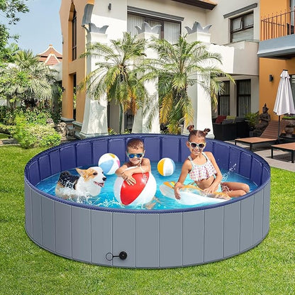 Dog Pool for Large Dogs, Kiddie Pool Hard Plastic, Dog Bathtub Portable, Foldable Pool for Dogs Slip-Resistant (Dark Gray, XL-64"x12")