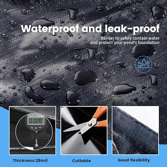 10 x 20 FT Pond Liner, 28 Mil Pond Liners for Outdoor Ponds, HDPE Pond Liner Leakproof Ecofriendly Easy Cut, Fish Pond Liner for Garden Ponds, Fish Ponds, Water Features