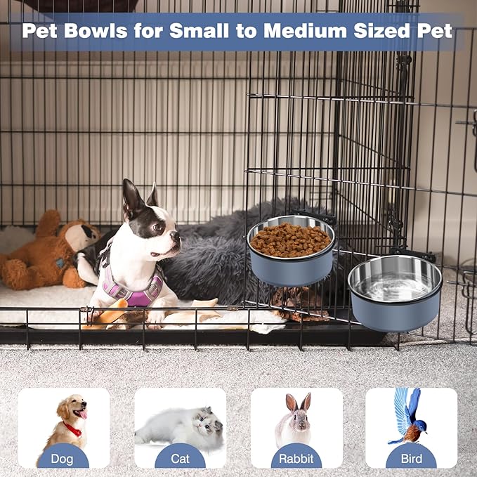 Dog Kennel Bowls for Crates, Hanging Dog Crate Water Bowls No Spill, 2 Pack Kennel Food Water Bowl Mountable Cage Accessories, Stainless Steel Pet Dish Feeder Coop Cup for Cat Puppy Bunny Bird Ferret