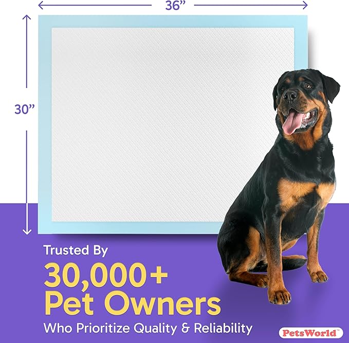 PetsWorld Extra Large Potty Pads for Dogs, Odor Eliminating 30" x 36", 50 Count Pee Pads for Pets, Gigantic XL Dog Pads, 5 Layer Ultra Absorbent Technology, Leak Proof Training Pads for Dogs & Cats