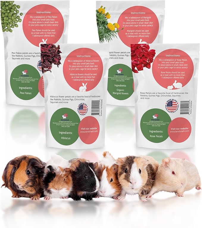 Snout and Shell Floral Favorites 4-in-1 Natural Treats for Small Pets – Pea Flakes, Marigold, Rose Petals & Hibiscus – Healthy Snacks for Rabbits, Guinea Pigs, Chinchillas & More