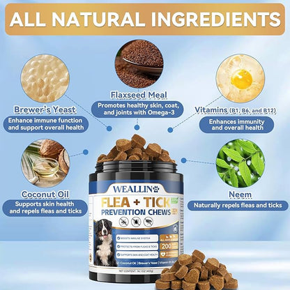 Flea and Tick Prevention for Dogs, 200 Soft Chews for Dog Fleas Ticks Treatment, Natural Dogs Oral Flea Chewables Support Supplement, Flea and Tick Chews for All Breeds & Sizes