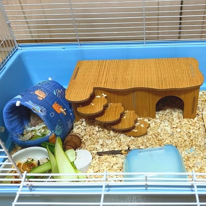 Hamiledyi Hamster Hideout with Ladder Dwarf Hamster Wooden Maze Tunnel Platform Multi Chamber Exploring Toy Habitat Decor for Gerbil Syrian Mouse Small Animal, Brown