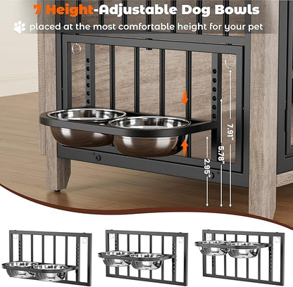 Lulive 37.8" Dog Crate Furniture, Large Wooden Dog Kennel Indoor with 360°& Adjustable Raised Dog Bowls, Double Doors Furniture Decorative Side End Table Dog Cage for Medium Dogs, Grey