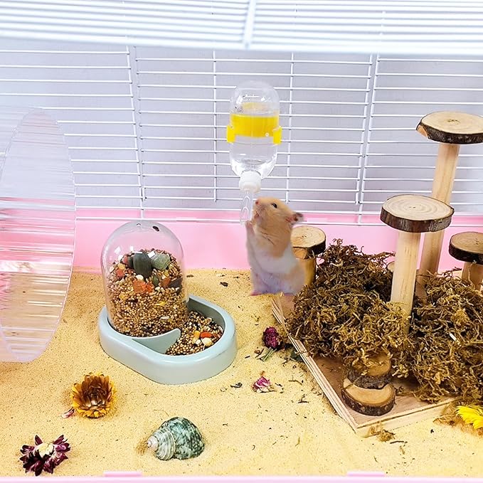 Hamiledyi Automatic Hamster Feeder Rat Food Dispenser Bowl with Water Bottle Food Dish Bowl for Dwarf Hamster Mouse Gerbils (Green)