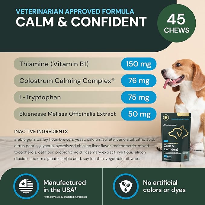 VetriScience Max Veterinary Strength Calm & Confident Chews - Stress Supplement for Pets - Supports Brain Function for Cats & Dogs - with Lemon Balm Extract, L-Theanine, Thiamine & More - 45 Count