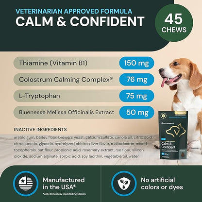VetriScience Max Veterinary Strength Calm & Confident Chews - Stress Supplement for Pets - Supports Brain Function for Cats & Dogs - with Lemon Balm Extract, L-Theanine, Thiamine & More - 45 Count
