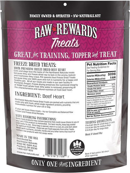 Northwest Naturals Raw Rewards Freeze-Dried Beef Heart Treats for Dogs and Cats - Bite Sized Pieces - Grain Free - 1 Ingredient - Healthy - Human Grade - All Natural - USA Made - 3 Oz