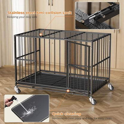 48/42/38 Inch Heavy Duty Dog Crate Steel Escape Proof,Indoor Double Door High Anxiety Cage, Removable Tray, Kennel with Wheels,XL XXL