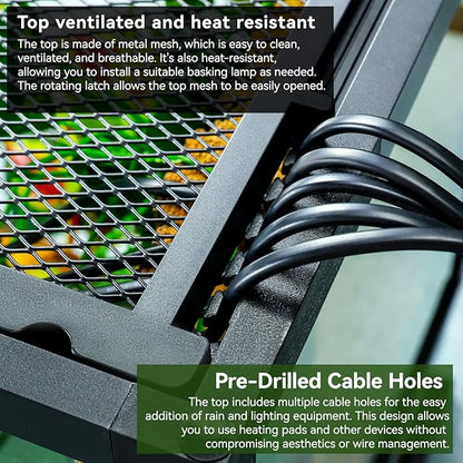 18x12x12 12 Gallon Glass Reptile Tank Front Opening Terrarium Suitable for Leopard Geckos, Snakes Tree Frogs Chameleons Watertight Base, Ventilated Metal Mesh Top, Pre-Drilled Cable Holes