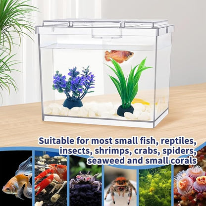 Mini Betta Fish Tank, Small Fish Bowl for Temporary Space, 0.2 Gallon Stackable Cube Tank with Artificial Plants and Gravels for Small Fish, Insect, Shrimp, Crab, Spider. (Pack-1)
