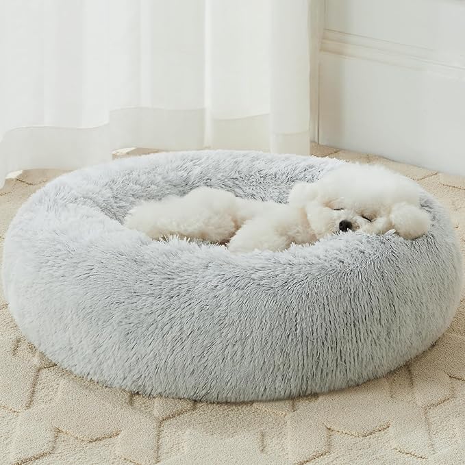 WNPETHOME Calming Dog Bed Cat Bed Donut, Faux Fur Pet Bed Self-Warming Donut Cuddler, Comfortable Round Plush Dog Beds (30 x 30 x 10 Inch, Light Grey)