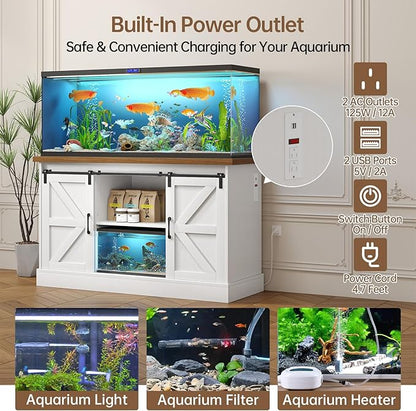 55-75 Gallon Fish Tank Stand with Sliding Barn Doors & Power Outlet, Heavy Duty Aquarium Stand with Cabinet Storage for Fish Tank, Turtle Tank, Reptile Terrarium, 1000LBS Capacity, White